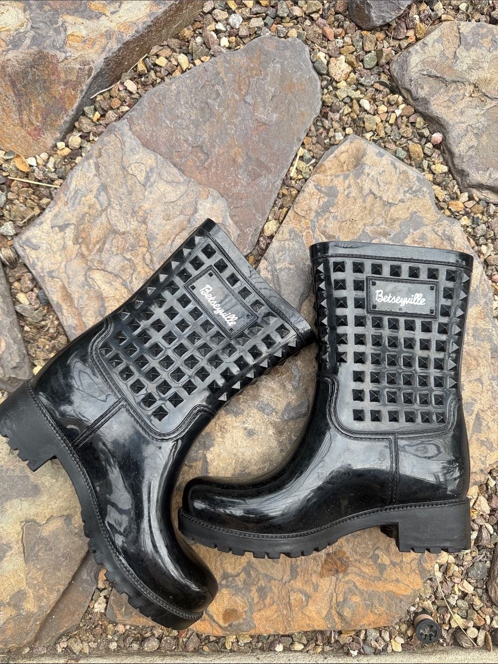 Betseyville Black Studded Rain Combat Boots